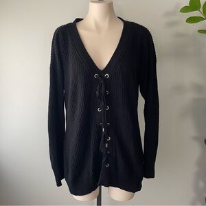 Guess Lace Up Long Knit Sweater Longline Black Vneck Boho Bohemian Size XL